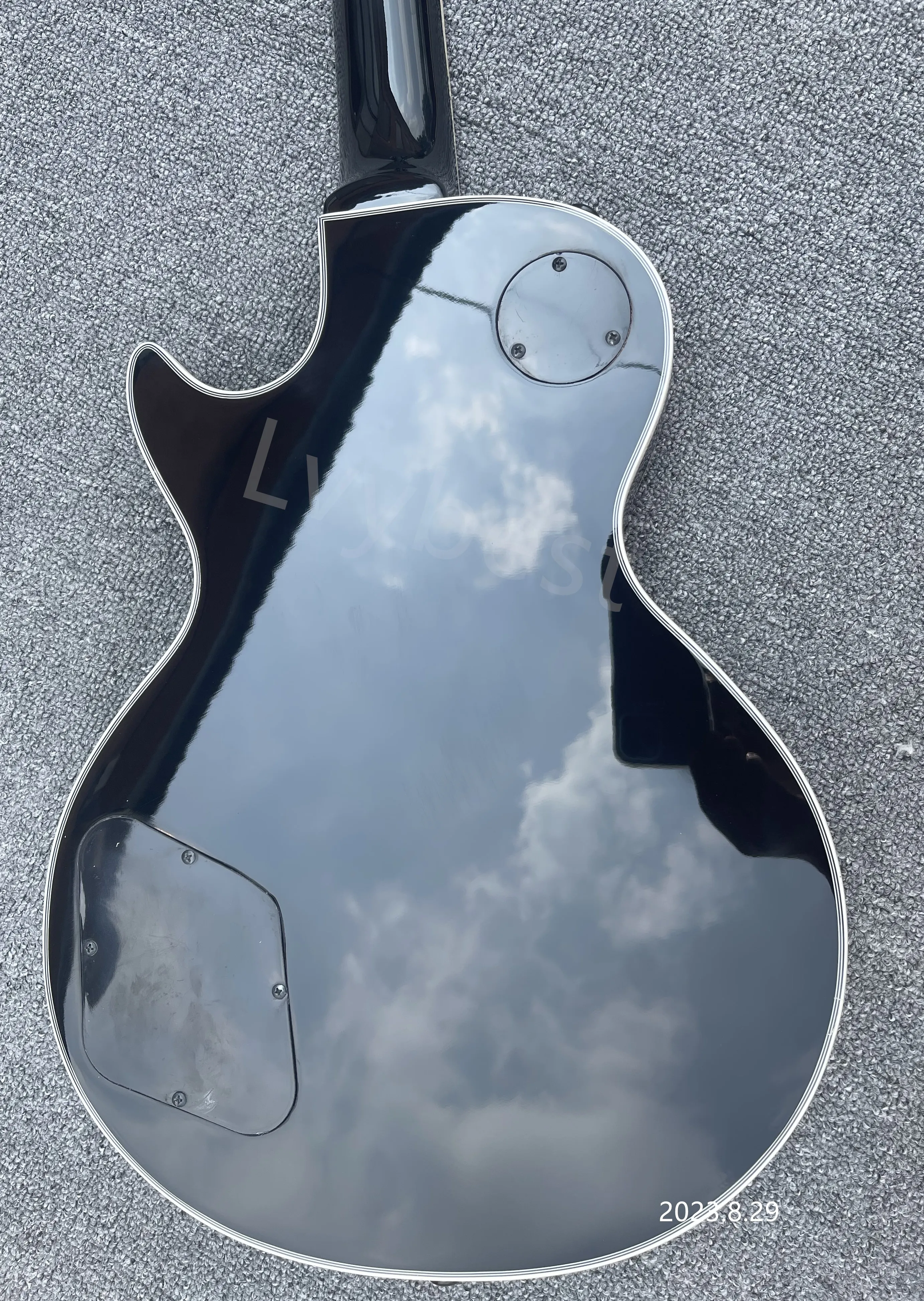 Solid Black Electric Guitar, HHH Pickups, Cream Pickguard Solid Black Electric Guitar, HHH Pickups, Cream Pickguard