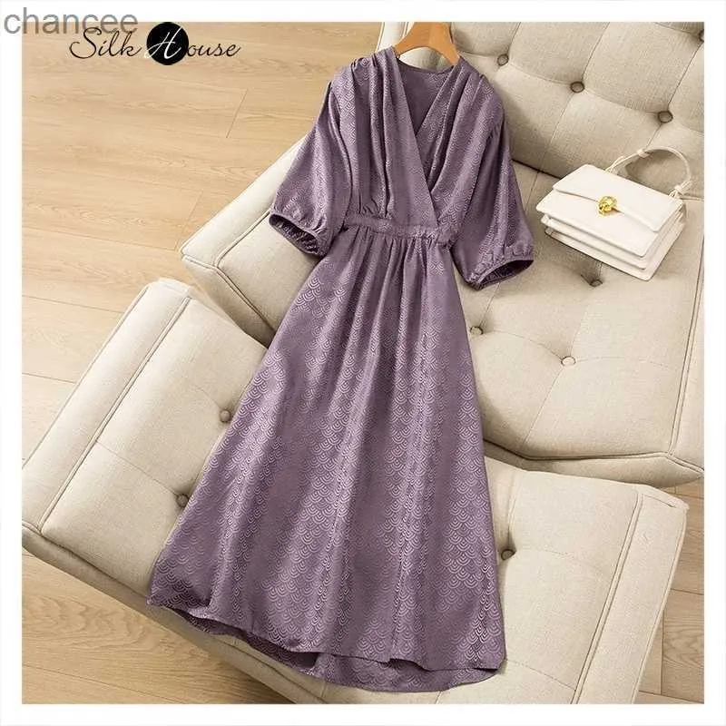 Mulberry Silk Summer Dress - Women's Casual Midi Dress, Fish Scale Print,  Blossom Waist Wrap, Elegant Party Dress - Buy Now!