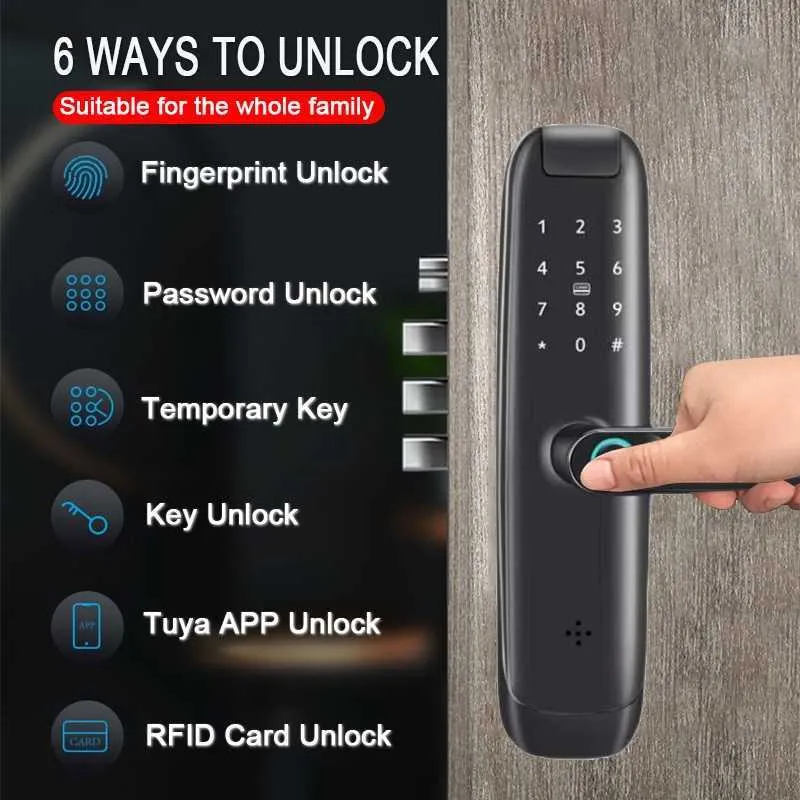 Zamki drzwi Tuya WIFI telefon komórkowy odblokowanie linii palców Karta magnetyczna Zwykle Tryb otwarty Tryb Tymczasowy hasło inteligentne drzwi drzwi HKD230903