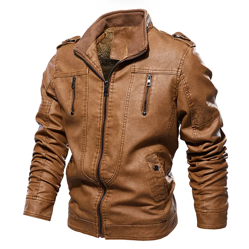 QNPQYX New Vintage PU Leather Jacket Men Solid Color Zipper Pocket Fleece Motorcycle Jackets Winter Warm Slim Coat Plus Size 4XL Chaquetas