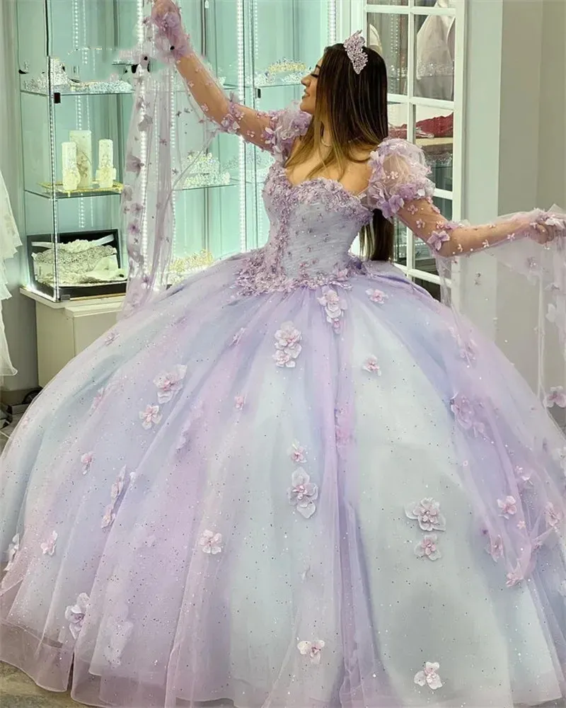 LILAC Principessa Quinceanera Abito da ballo Abito da ballo Basche Fiori Appliques Appliques perline Corset Pageant Sweet Party Dresses