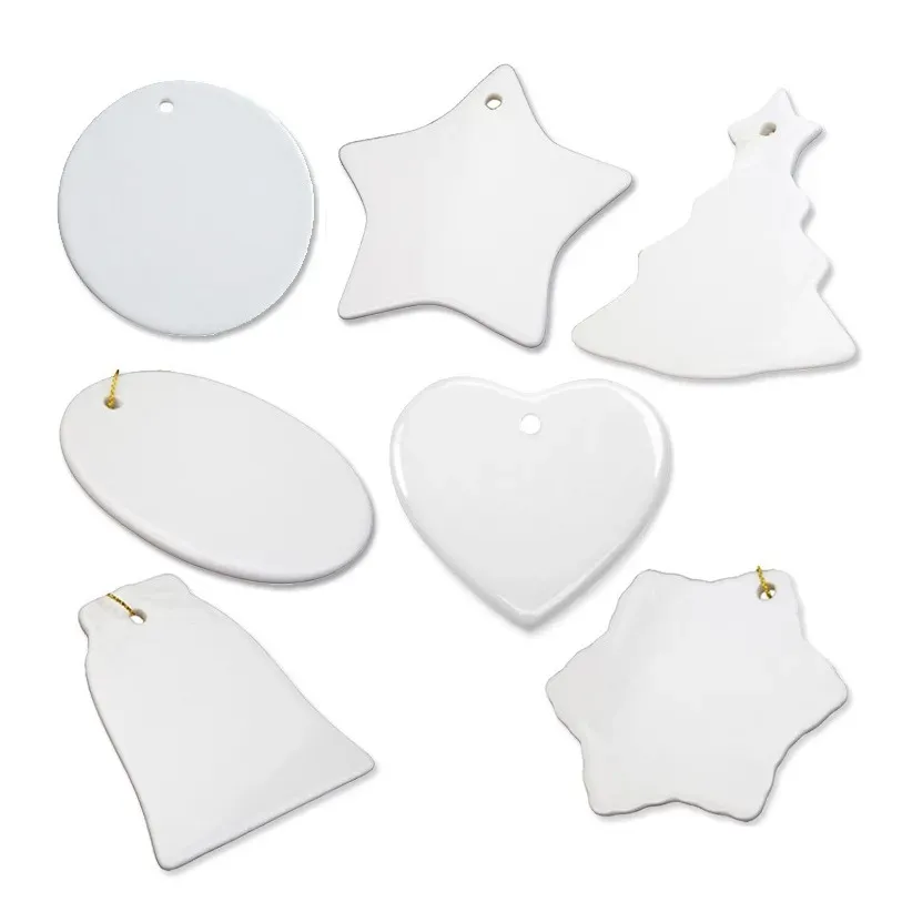 Ornement vierge par sublimation en céramique blanche, 3 pouces, cœur rond, étoile, arbre, pendentif en porcelaine avec ficelle dorée pour étiquettes de Noël vierges LL