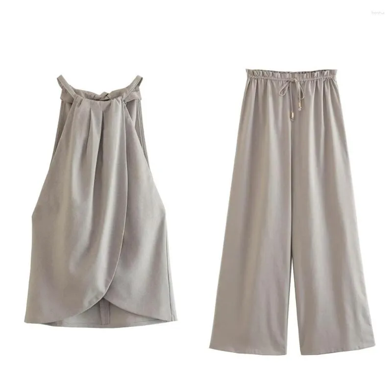 Pantalon de deux pièces pour femmes Unizera2023 Pull en lin d'été Pull à col fendu Haut ample Taille élastique à lacets Slam au sol