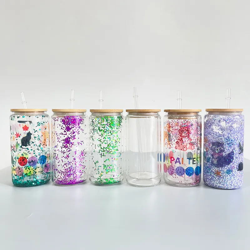 USA Warehouse BPA gratis 12oz DIY Nytt hantverk tomt sublimering Snow Globe Glitter Double Wall Crystal Clear Glass Soda Coffee Beer kan lämpligt för vinyl med bambu lock