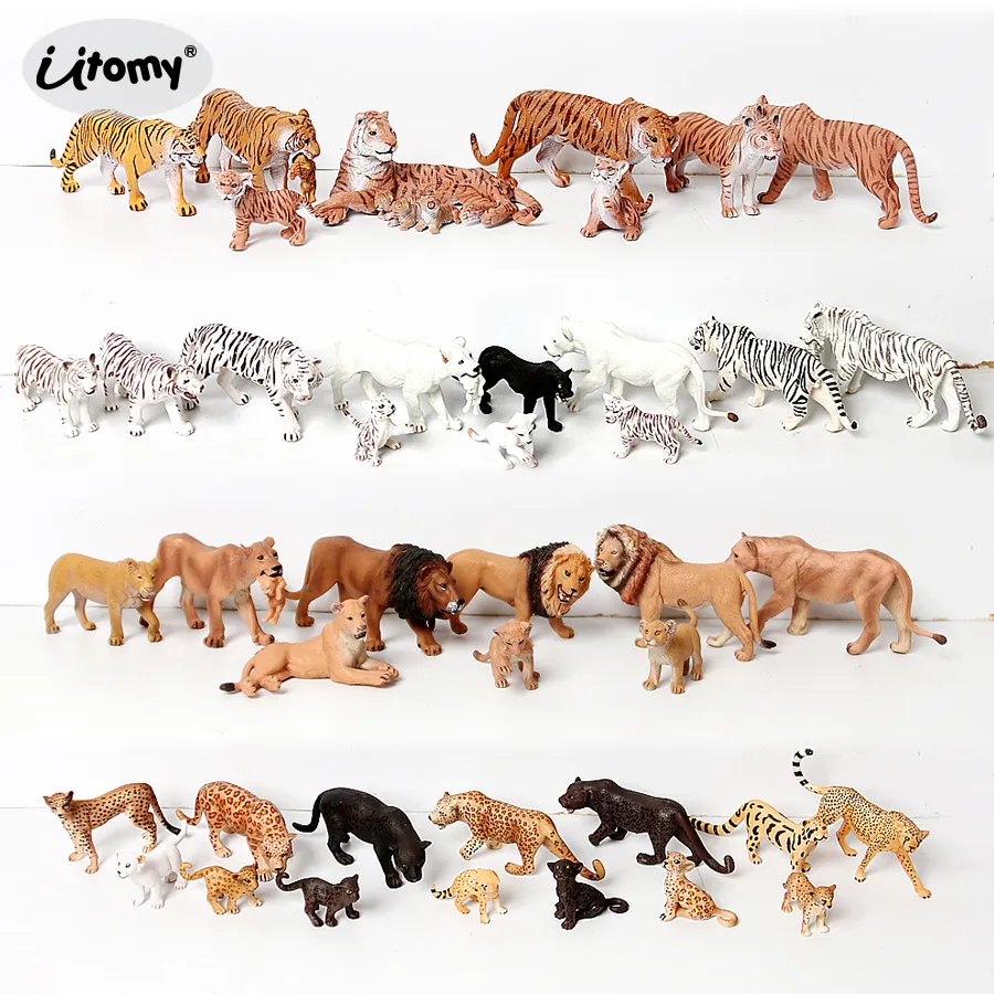 Action Toy Figures Realistic Zoo Animals Lion Tiger Cheetah Panther Figurer med Cub Plastic Safari Animals Figur Cake Toppers Toy Gift till Kid 230904