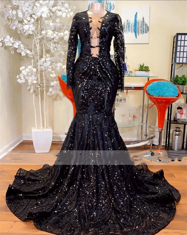 Sirène élégante Robes de bal à manches longues à manche haute noue filles noires robes de soirée pour robe de fête