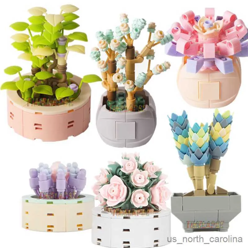 Blöcke DIY Topfpflanzen Sukkulenten Kaktus Baum Gärten Romantische Bausteine Modell Kinder Sets Kits Spielzeug R230907