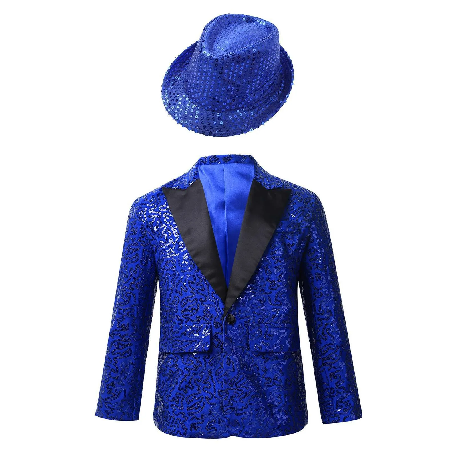 Jackets Kids Boys Shiny Sequins Lapel Jacket Coat Glitter Blazer Tuxedo With Fedora Hat Banquet Dance Wedding Party Fancy Costumes 230904 From 20 04 DHgate