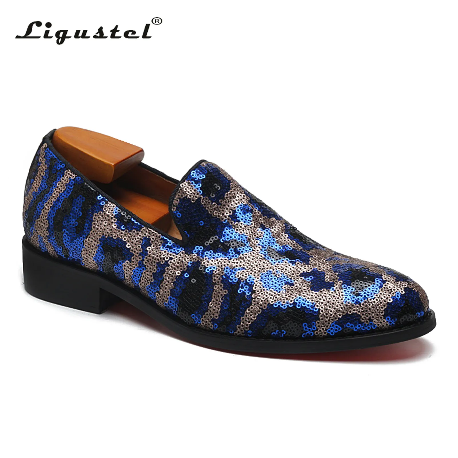 Scarpe eleganti Ligustel Mocassini da uomo Designer Luxury Casual Formale Slip On Blu Paillettes Moda Scarpe da festa di nozze Plus Size 230901