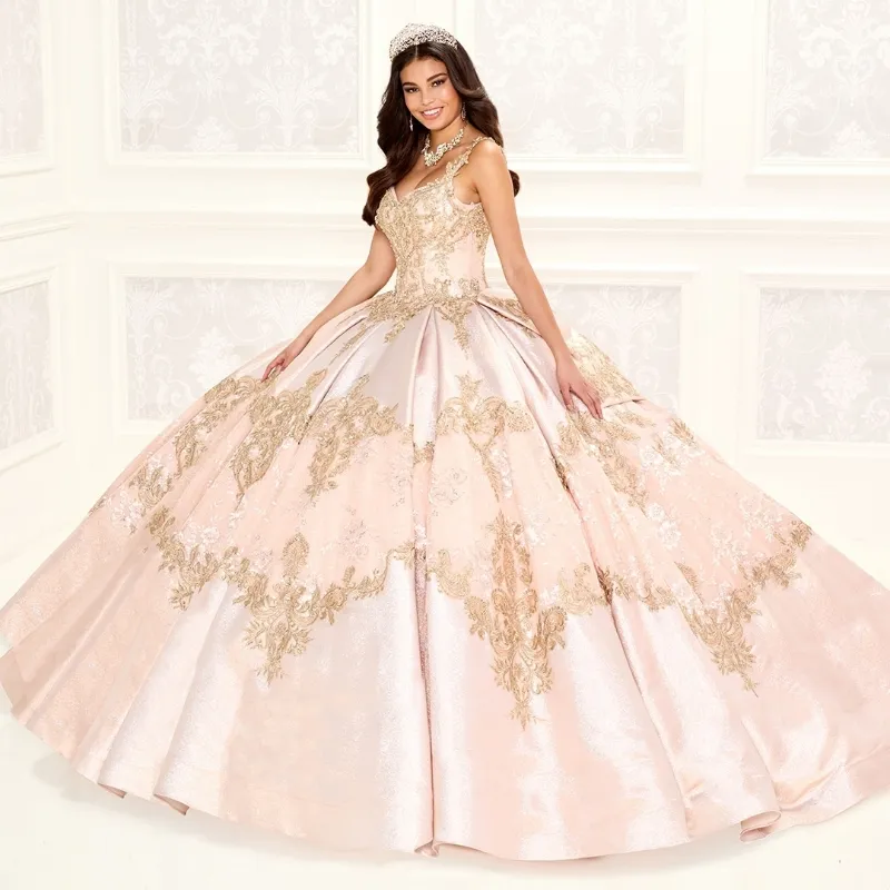 Rosa quinceanera vestidos com decote em v cinta de espaguete vestido de baile cetim doce 16 vestidos apliques de ouro laço arco trem elegante vestido de baile