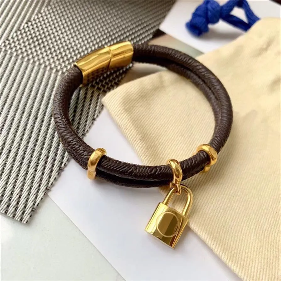 Bracelet en cuir PU marron rond classique, avec tête de verrouillage en métal, dans une boîte cadeau de vente au détail, Stock SL05238o