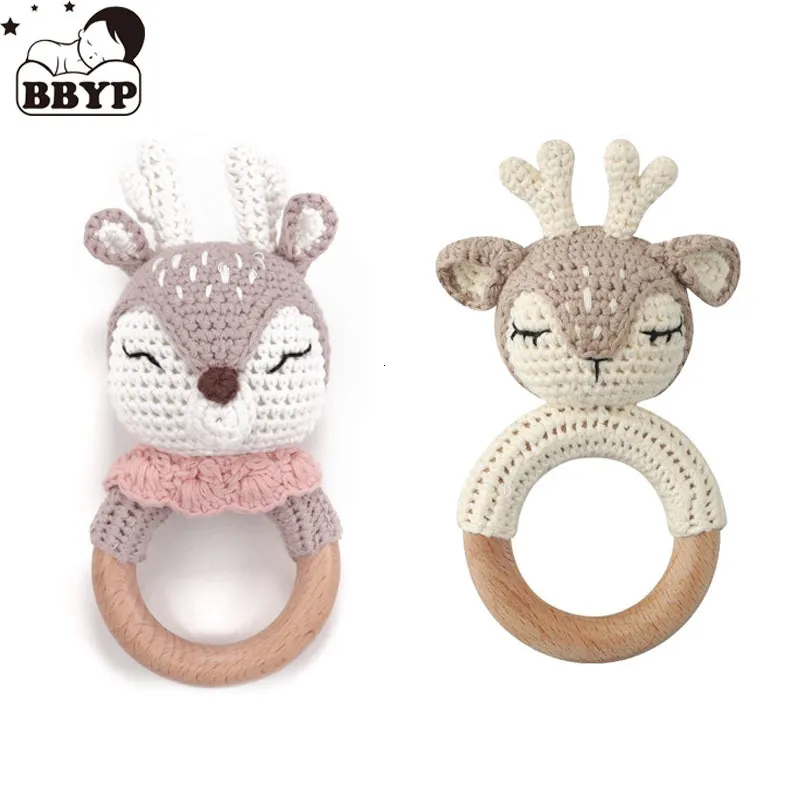 Rattles Mobiles Handmade Baby Wooden Teether DIY Crochet Deer ELK Rattle born Rodent Teething Ring Mobile Gym Educational Toys for Kids 230901