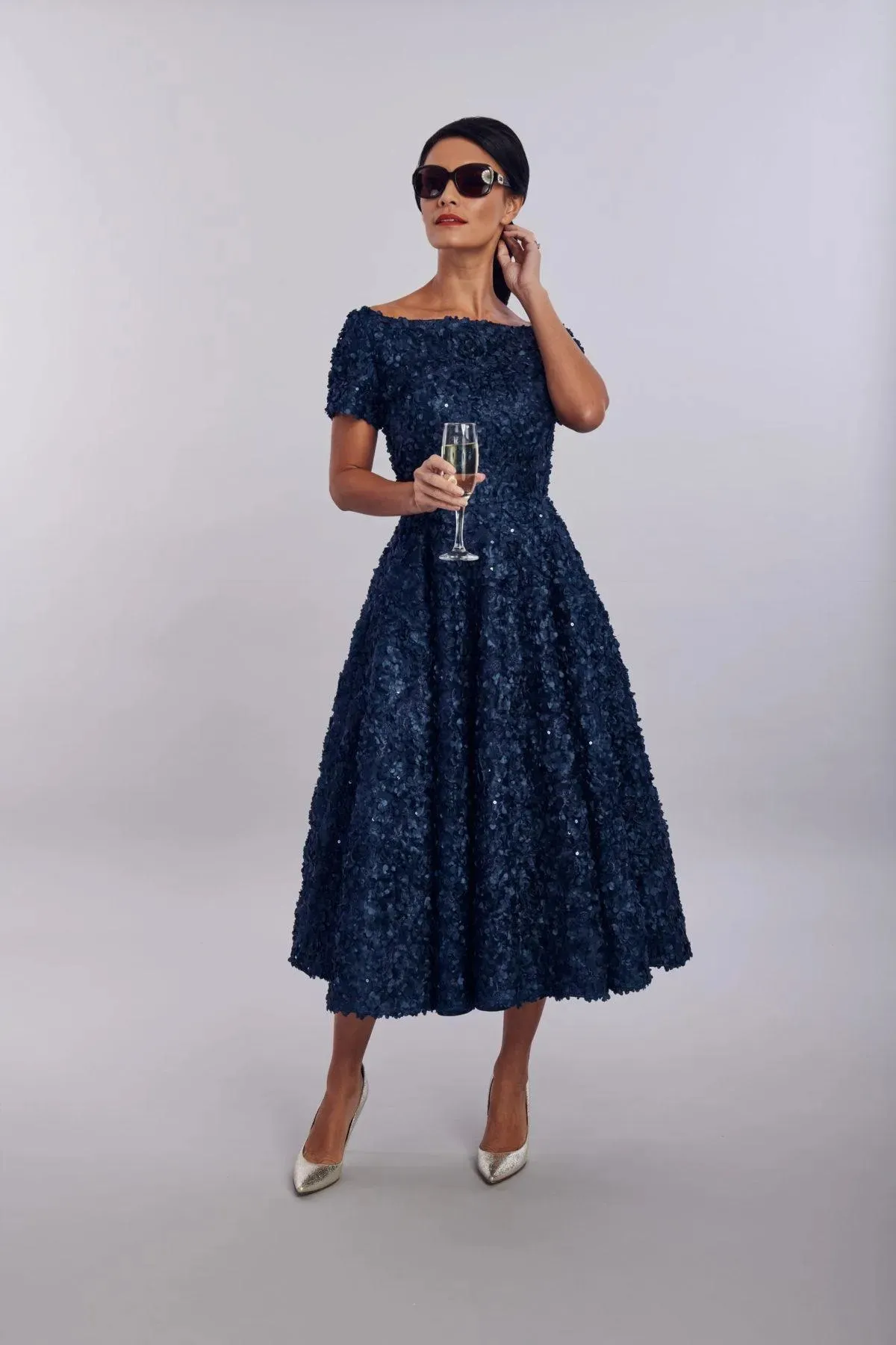 Elegant Navy Blue gown for Wedding mother 2026 with Short Sleeves, Ruched Lace, and Tea Length Skirt - Perfect for Wedding Guests and House of Mooshki
