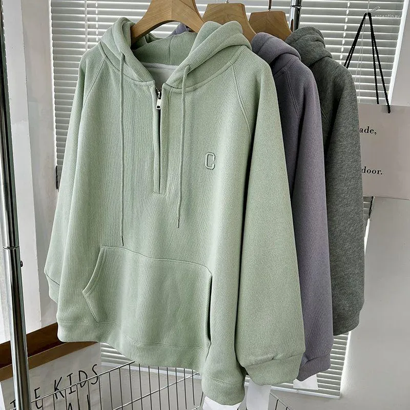 Kvinnors hoodies överdimensionerade kvinnor Autumn Winter Trend Plush Hooded Coats Letter Brodery Half Zipper Hoodie Loose Kangaroo Pocket Tops