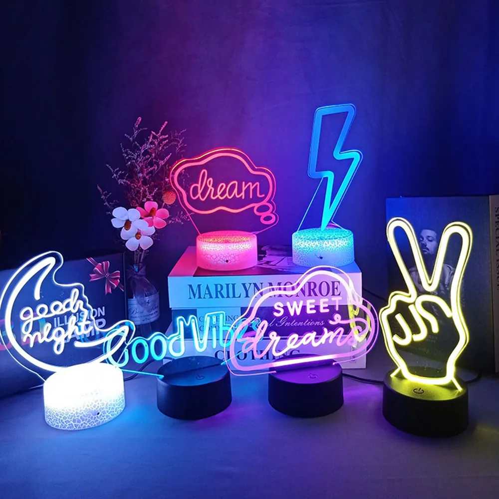 Novidade Itens 3D LED Night Light Room Decor Good Vibes Dream Open Olá Flash Neon Sign Lâmpada de mesa para festa em casa Decoração de casamento 716 cores 230904