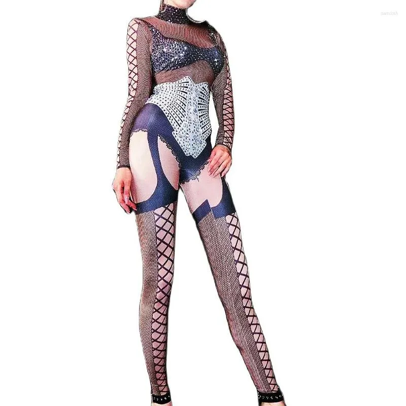 Scenkläder svart mesh gaze sexig jumpsuit rhinestones mönster tryck bodycon damer nattklubb prestanda danskostymd dam