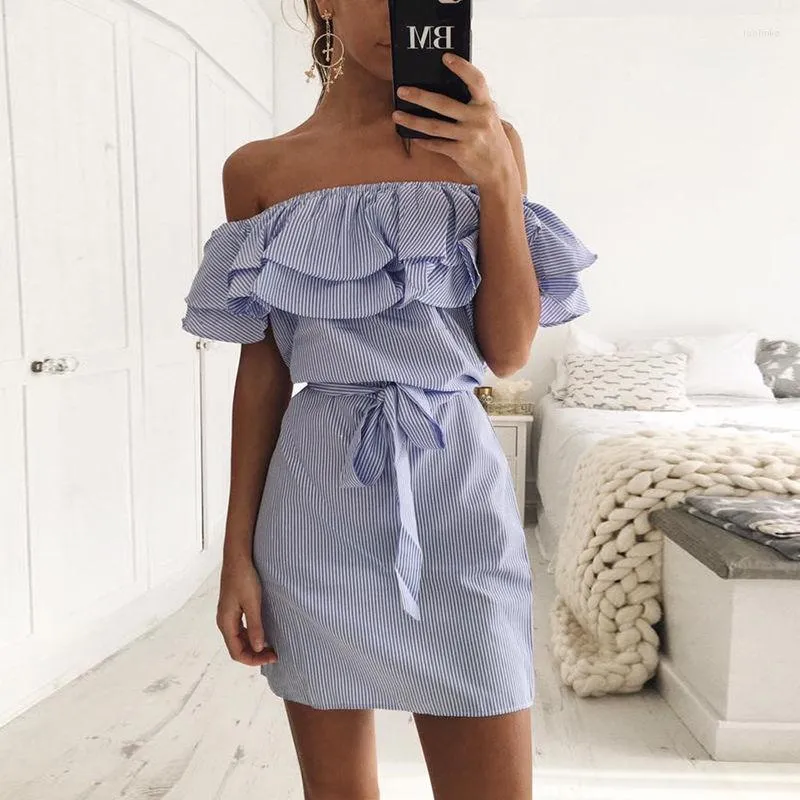STRIPED OFF SHOULDER DRESS Mサイズ Striped Off-the-Shoulder Casual white dress with Low-Cost