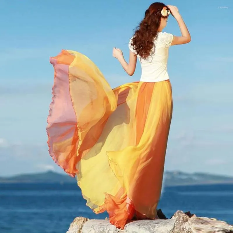 Юбки, летние пляжные элегантные длинные макси, модная женская юбка полного круга, струящаяся шифоновая юбка в тон, в богемном стиле Jupe Femme