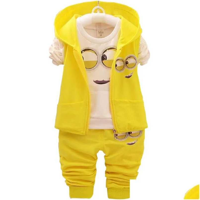 Bebê meninas meninos minions conjuntos de roupas crianças nova primavera e outono dos desenhos animados algodão terno com capuz colete addt camisa addpants roupas conjunto d dh6lz