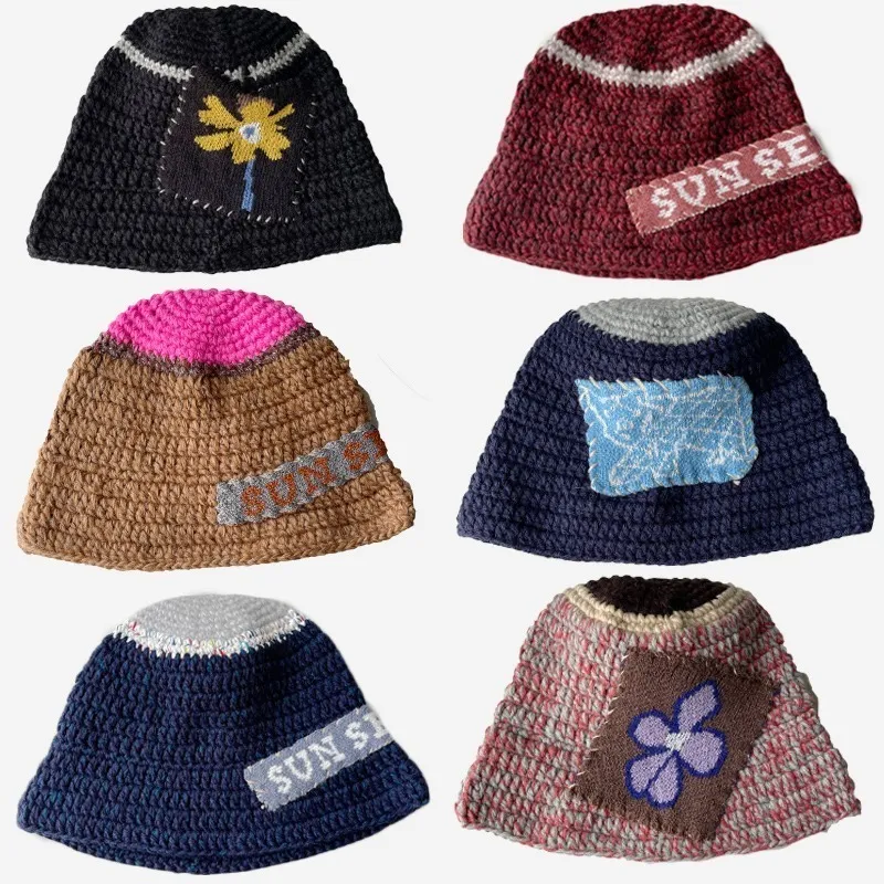 Beanie/Totenkopfkappen Ins Vintage Handgewebte Patchwork Warme Mützen Frauen Herbst Winter Koreanische Farbe Passende Y2k Blumen Gestrickte Eimer Hut 230904