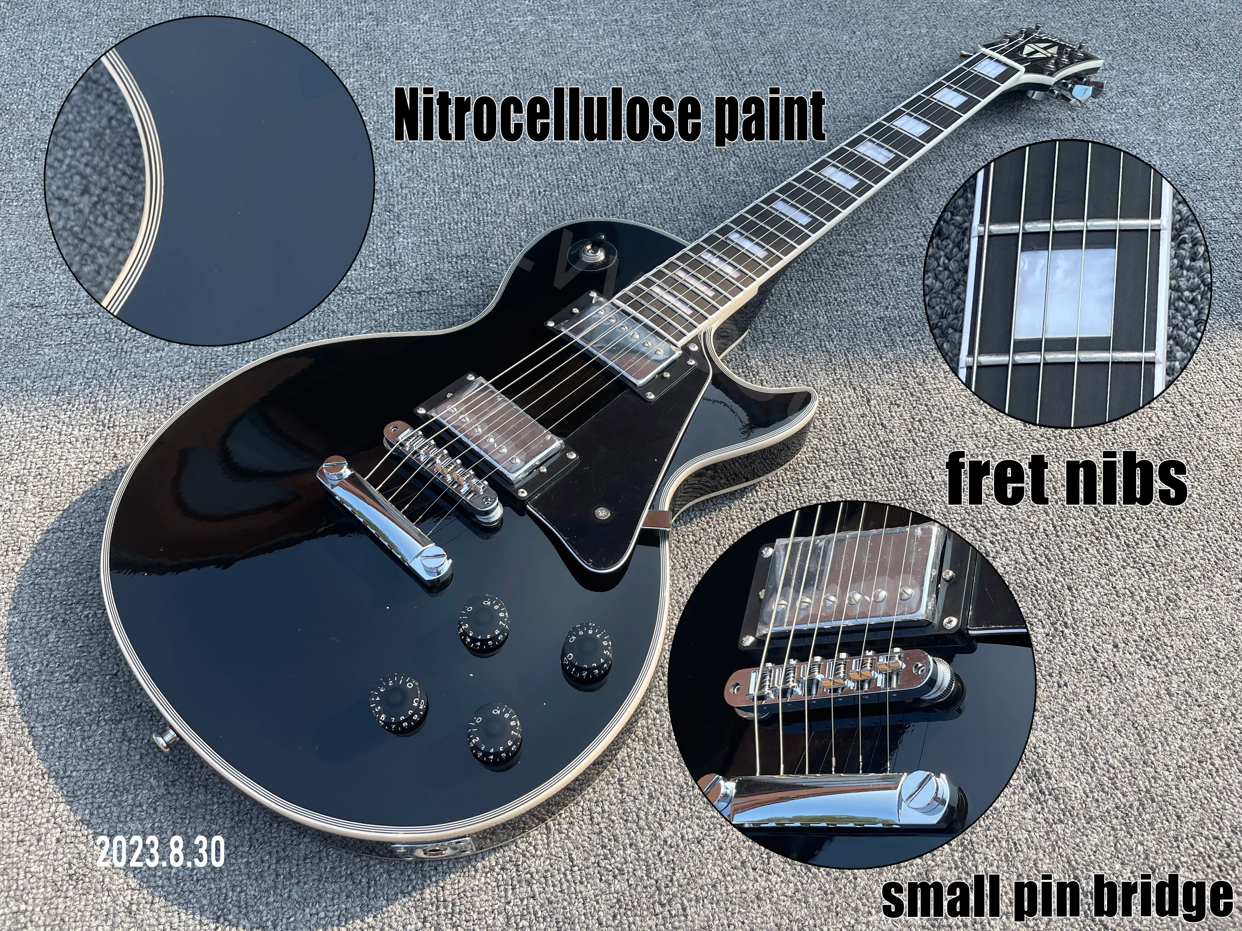 E-Gitarre, solide schwarze Nitrozellulose-Lackierung, hochglänzende Chromteile, kleine Stiftbrücke, Knochenmutter, schwarzes Schlagbrett, Ebenholz + Bundfedern