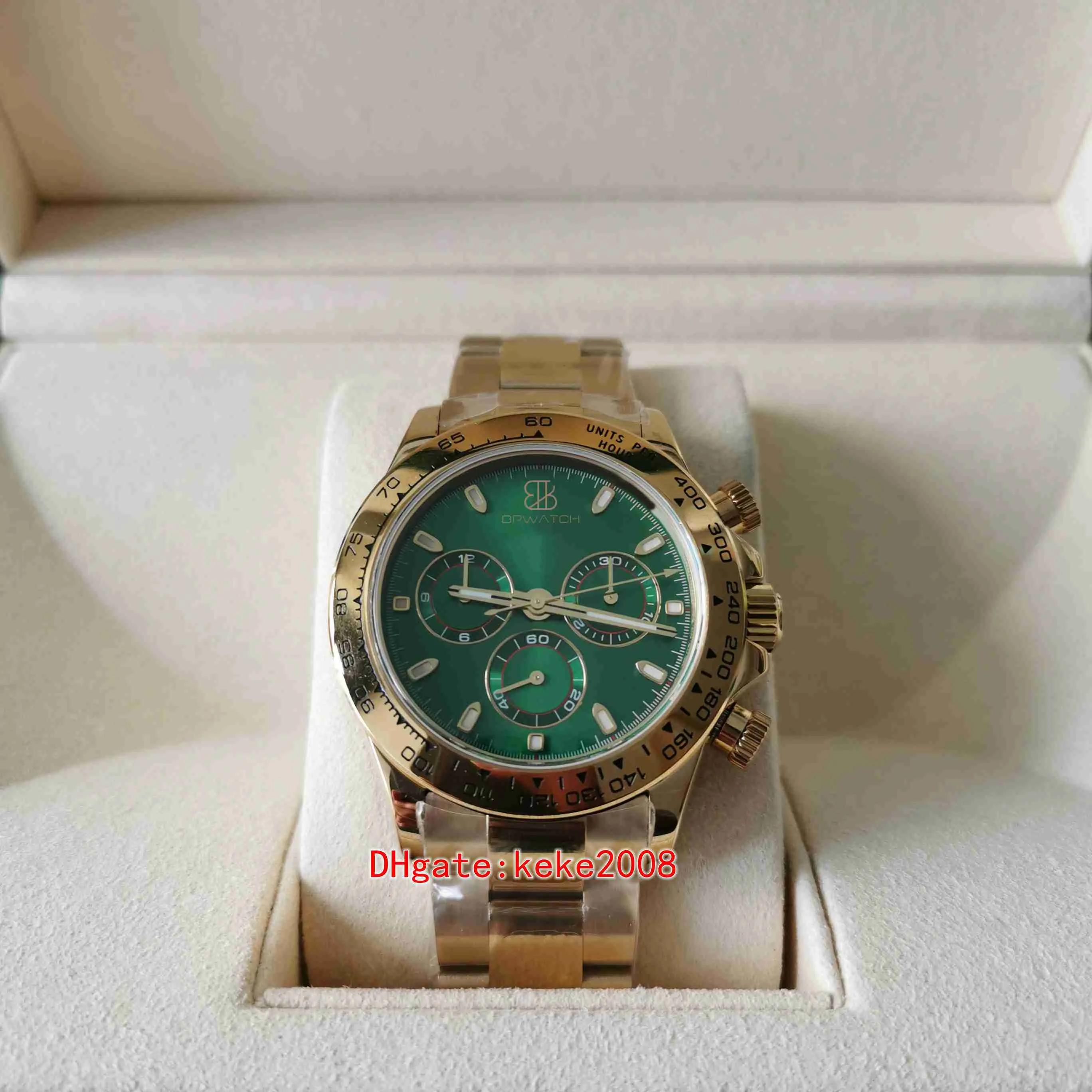 Perfect quality BPF mens watches 116508 Chronograph 7750 Movement Sapphire Yellow Gold Green dial Automatic mechanical men watch wristwatches