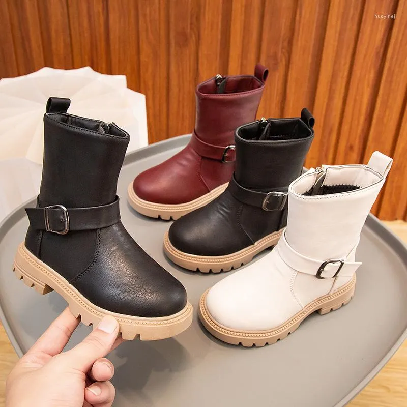 Bottes de marque de styliste pour enfants, chaussures en cuir avec boucle à la mode, montantes, pour garçons et filles, imperméables, chaussures de chevalier d'hiver