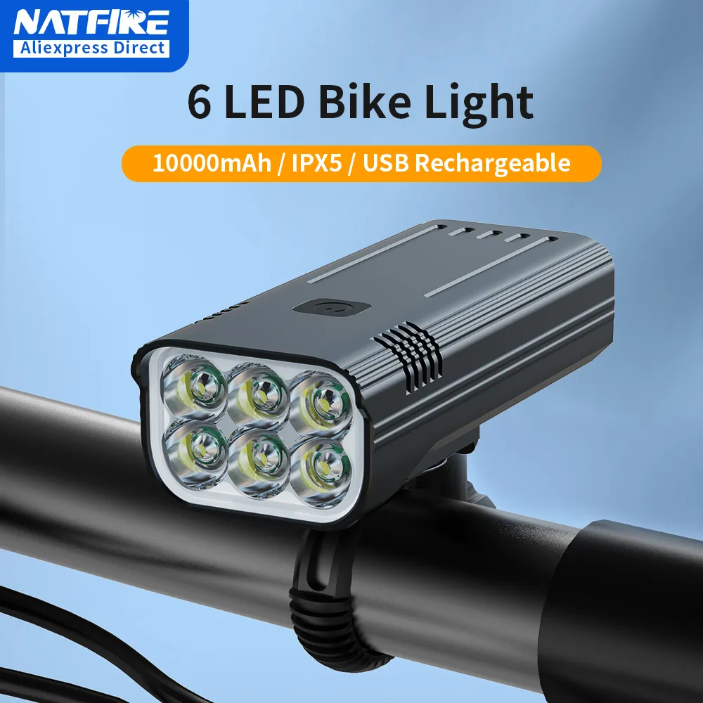 Luci per bici NATFIRE 6LED 10000 mAh Luce per bici Antipioggia USB ricaricabile LED Luce per bicicletta Torcia super luminosa per ciclismo Luce anteriore 230904