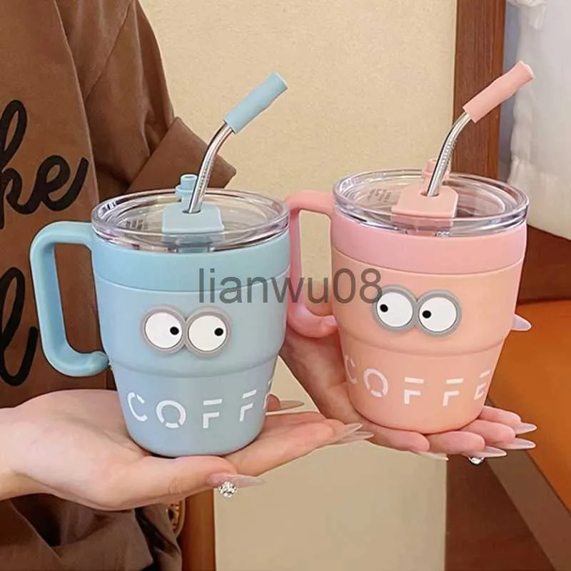 Copos Pratos Utensílios Kawaii Café Thermos Bonito Caneca Térmica de Aço Inoxidável com Palha para Café Frio Água Chá Leite Viagem Tumbler 480ml X0904