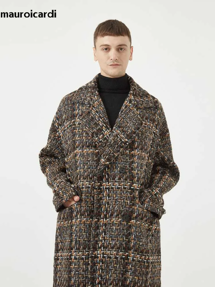 Kvinnors ullblandningar Mauroicardi Autumn Winter Loose Colorful Stylish Warm Tweed Woolen Coat Men Double Breasted Cool Luxury Designer kläder 2022 HKD230904