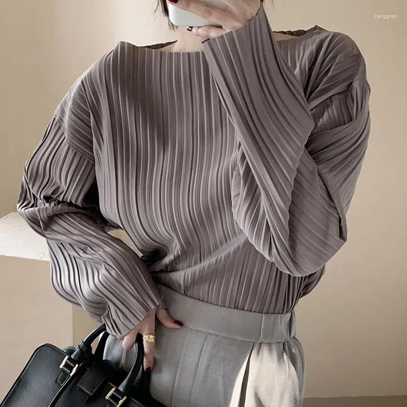 Damenblusen, einfache Korea-Chic-Herbst-Rundhalsausschnitt-Abdeckung, lose einfarbige Bluse, gerüschtes Design, alle Langarm-Shirt für Damen