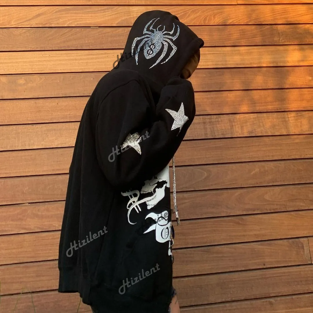 Goth Harajuku Y2k Vêtements Garbage Zipper Sweat à capuche pour homme Strass Araignée Crâne Imprimé Street Apparel Europe et Amérique Vintage Sweat à capuche Veste Manteau