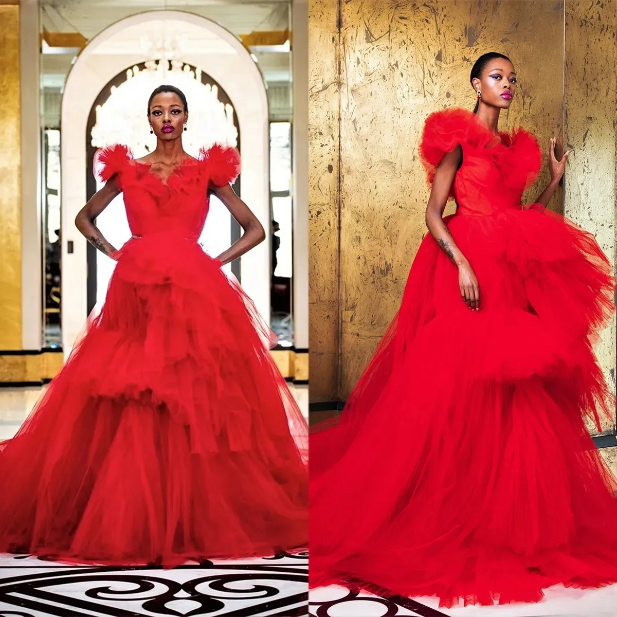 Robe de soirée en Tulle rouge, col en V, Sexy, grande taille, traîne fatiguée, robes de bal formelles pour filles noires, 2023