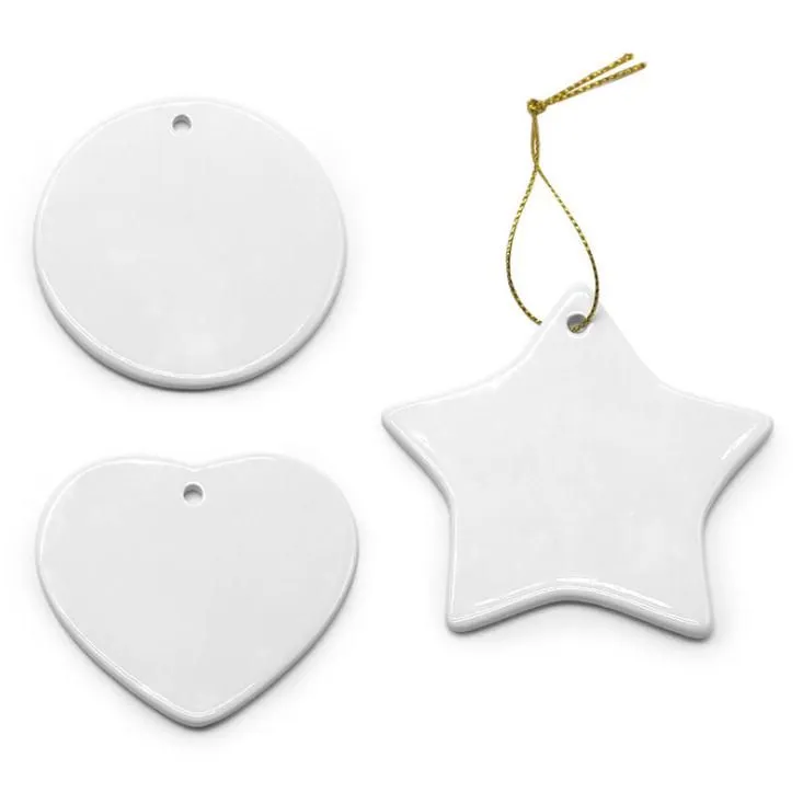 卸売昇華空白飾りホワイトセラミック3インチラウンドハートスターツリー磁器ペンダントクリスマスZZのためのゴールドストリング付き