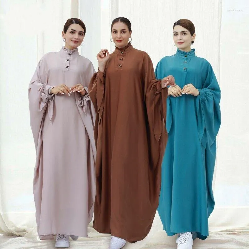 エスニック服カジュアルイスラム教徒の女性ソリッドカラーバットスリーブマキシドレスラマダンイスラム七面鳥ファムジルバブアバヤシンプルルーズローブカフタン