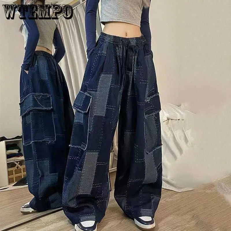 Women's Jeans Vintage Baggy Jeans Woman Japanese Chic Wide Leg Pants Vintage Patchwork Plaid Pocket Trouser Streetwear Y2k Clothes Full Length Q230904