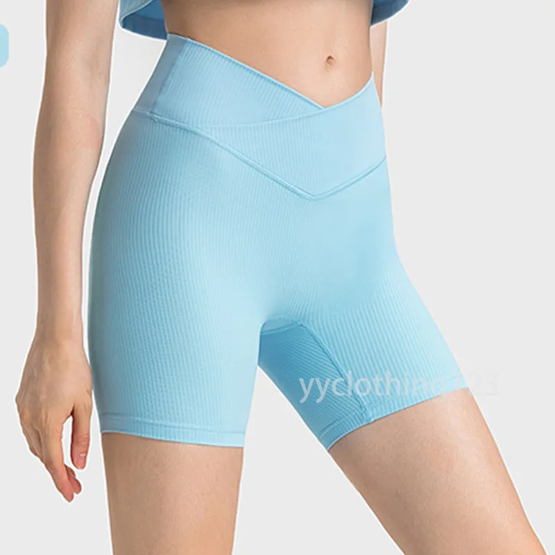 Kvinnors LuluMonm Summer Cross midja No-Embarrassment Line Sport Shorts med en tråd Hög vår Fitness Yoga Shorts DK391