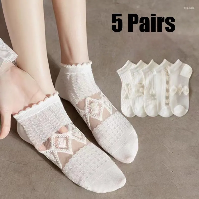 Kvinnors strumpor 5pairs Crystal Filament Summer Thin Hollow Cool Breattable Flowers White Invisible Boat Mesh Ultra-Thin Sock