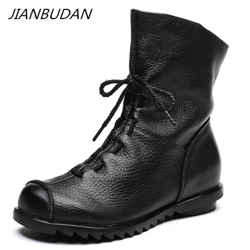 Boots JianBudan äkta läderplysch Kvinnor korta stövlar Retro Casual Autumn Winter Winter's Boots Waterproof Leather Warm Snow Boots 230901