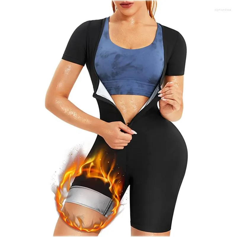 Active Shirts 2023 Women Sauna Suit Waist Trainer Full Body Shaper Short Sleeve Workout Top Sweat Jacket Thigh Slimmer Shorts Shapewear