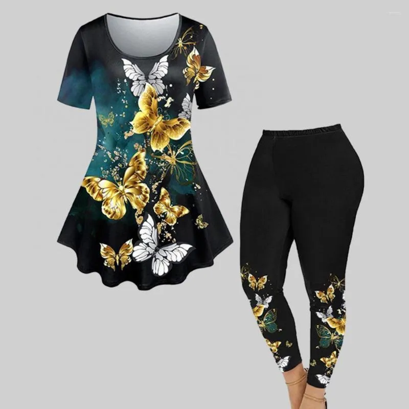 Calças femininas de duas peças floral impressão topos conjunto elegante 2 peças yoga outfit solto hem cintura alta leggings desportivo para streetwear feminino