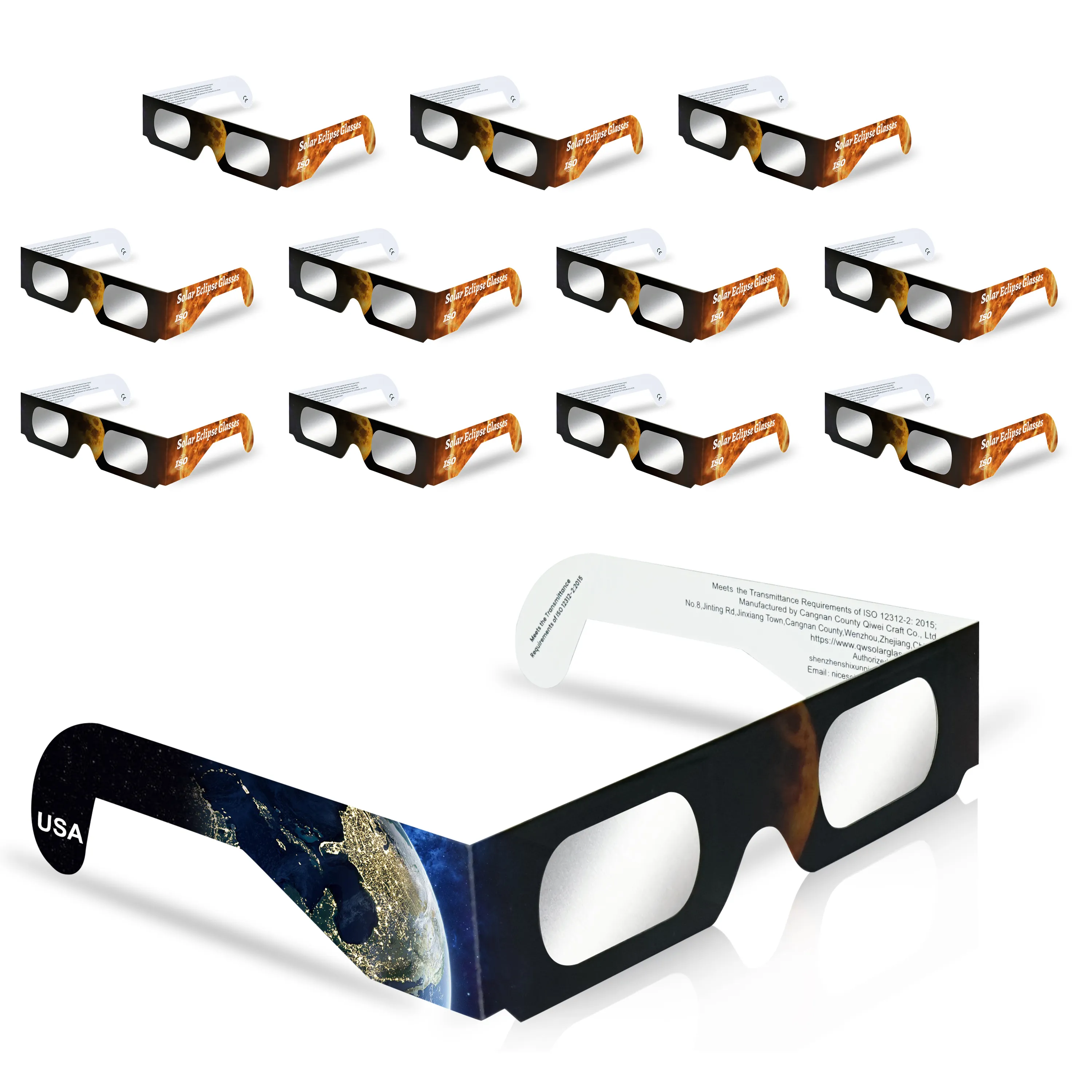 Paquete de 12 gafas de eclipse solar fabricadas por fábrica aprobada por AAS, sombra de eclipse con certificación CE e ISO para visualización directa del sol