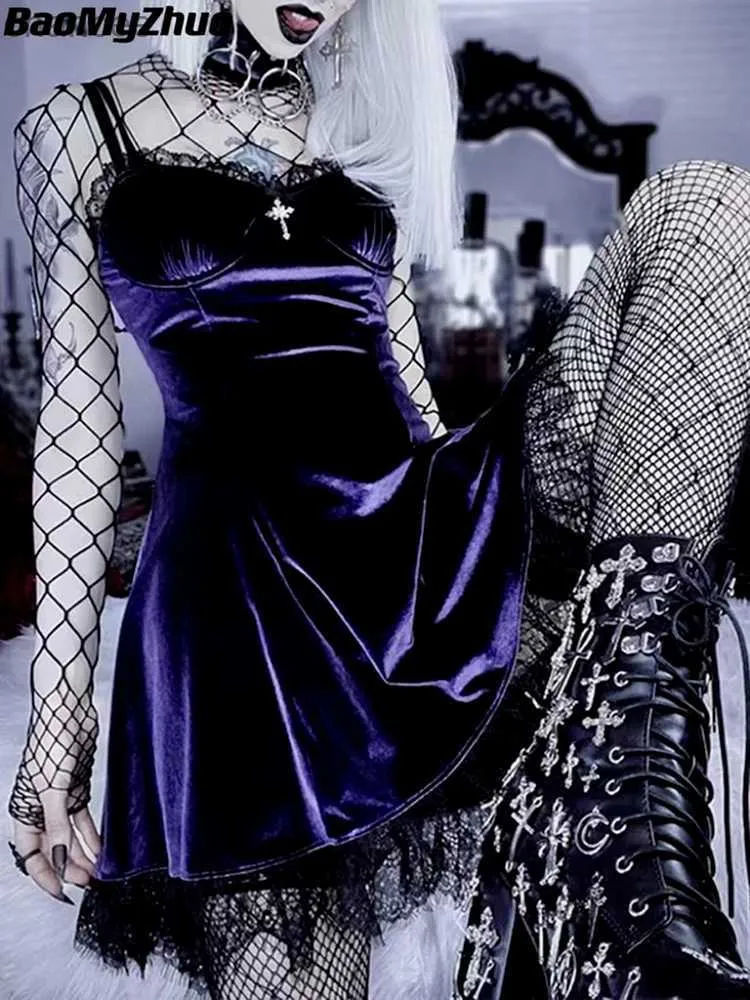 Vestidos casuales básicos Terciopelo gótico sexy mini vestido negro mujeres vintage correa de espagueti vestidos de cintura alta estético elegante vestido de fiesta gótico LST230904