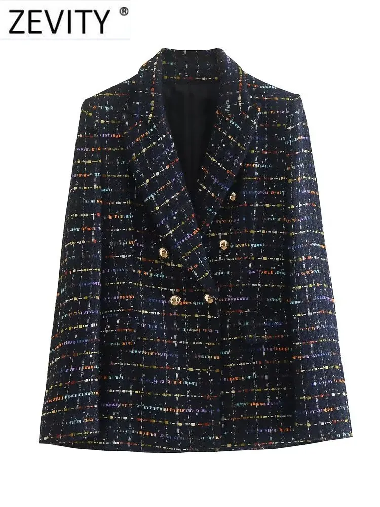 Kvinnor kostymer blazers zevity kvinnor vintage notched krage färgglada band pläd tweed ull blazer kappa kvinnliga ytterkläder chic veste tops ct2982 230904