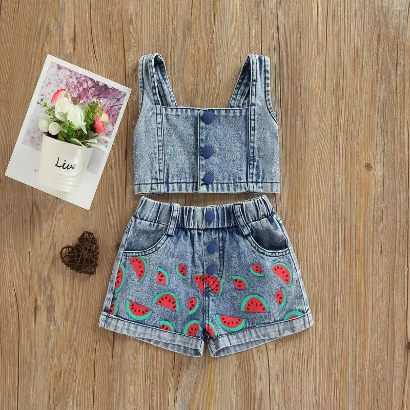 Vêtements Ensembles 1-6Y Enfants Filles Denim Tenues Bébé Vêtements D'été Enfants Boutons Sans Manches Débardeurs Pastèque Imprimé Pantalon Court