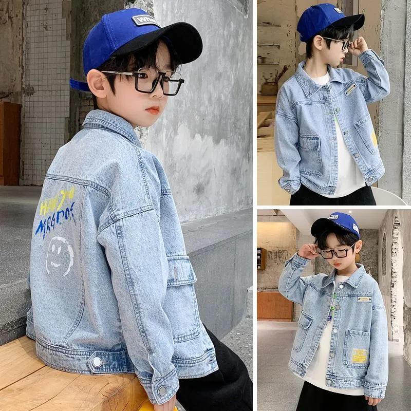 Vestes Garçon bleu Denim veste Streetwear printemps automne enfants décontracté manches longues haut col rabattu manteau ample Jaquet jean XMP131 230904