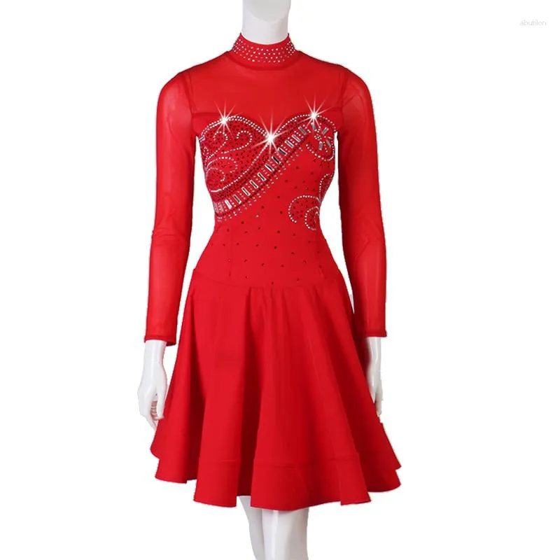 Stage Wear Long Sleeve Latin Competition Dance Skirt Women 2023 Red Standard Dancing Dress Adult Samba Rumba