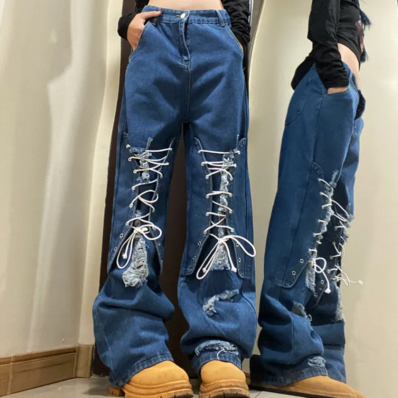 Women s Jeans High Street Casual Lace up Ripped Baggy Y2K Fashion Design Hip Hop Pants Couples Floor Length 230901