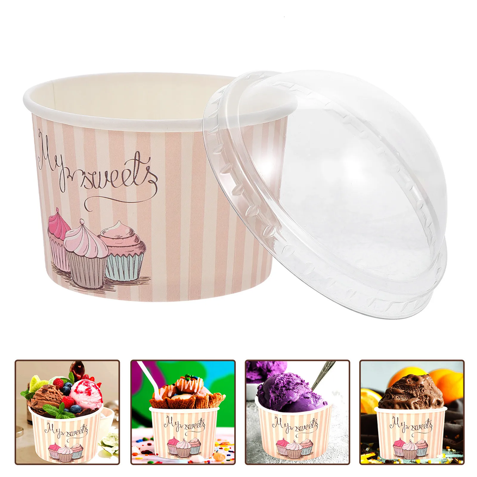 Vaisselle jetable 50pcs tasse en papier crème glacée dessert yaourt bols gâteau sundae pudding conteneur traiter couvercles conteneurs couvercle fête nourriture 230901