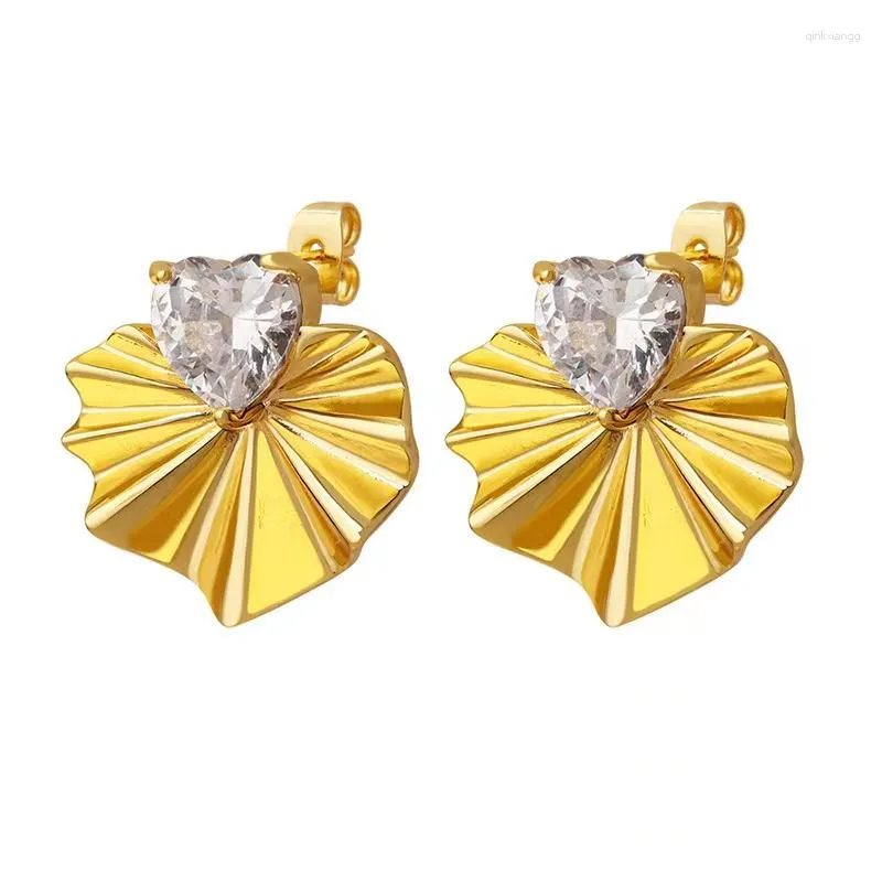 Boucles d'oreilles Mode Élégant Plaqué Or Bijoux En Laiton Plissé Forme De Feuille Coeur Cristal Argent Pour Les Femmes